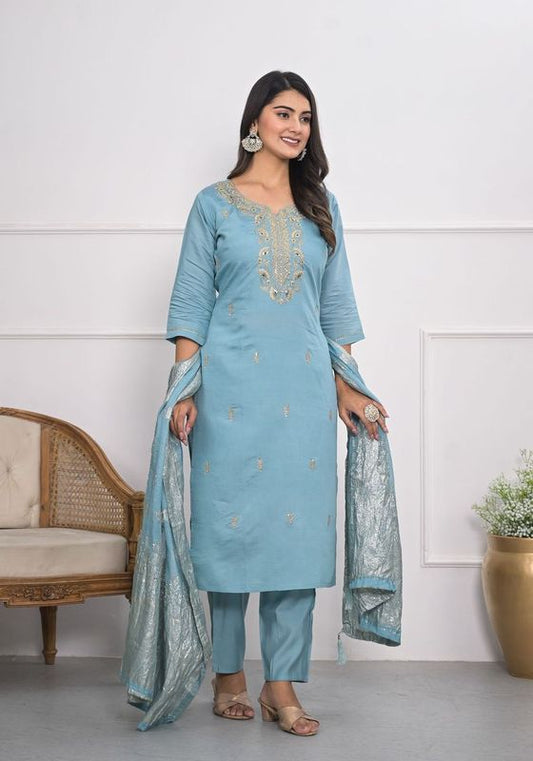 Blue Color Viscoce Silk Fabric Designer Embroidery Work Salwar Kameez For Ceremonial Looks