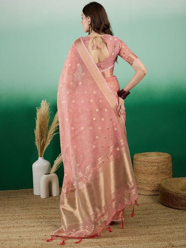 Peach Wevon Jacquard Designer Khadi Organza Saree