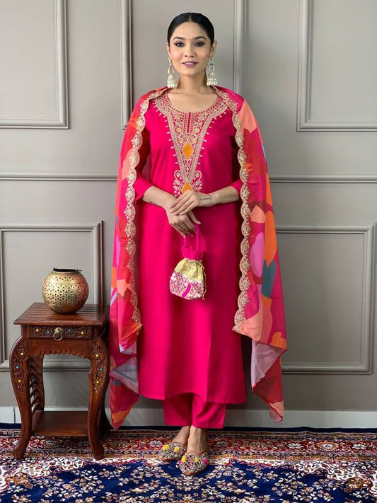 Beautiful Pink Color Silk Viscose Fabric Graceful Embroidered Readymade Suit