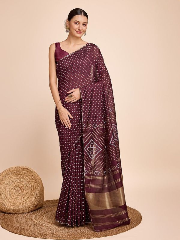 Wine Weaving Designer & Bandhani Printed Faux Cotton Saree