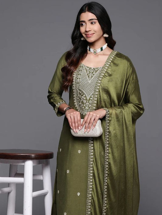 Dark Green Embroidered Kurta Sets