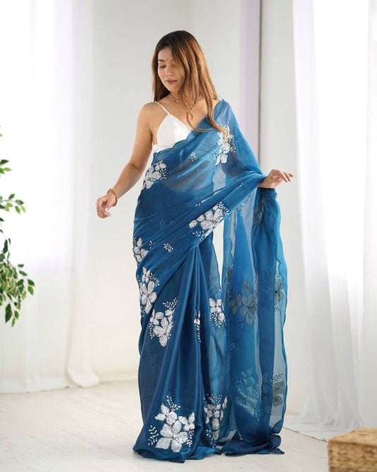 Blue Color Bollywood Style Designer Sequance Embroidery Work Jimmy Choo Saree