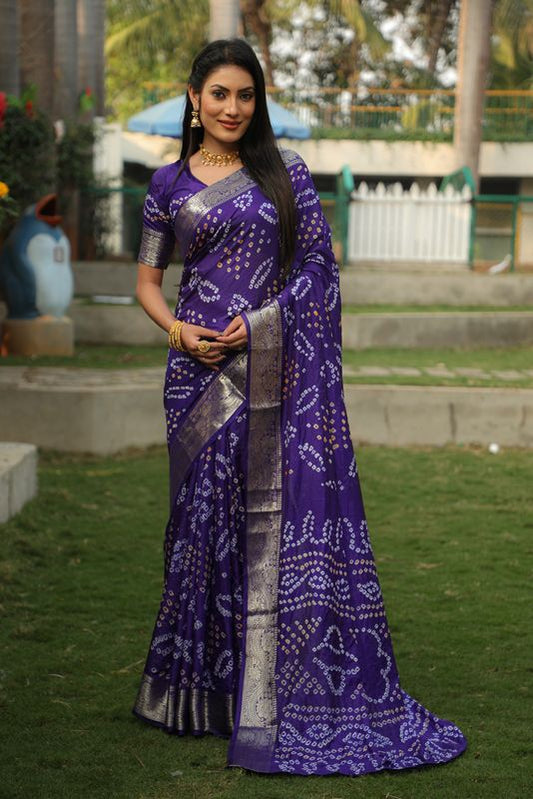 Lavender Wevon Border Designer & Handmade Bandhej Printed Handloom Silk Saree