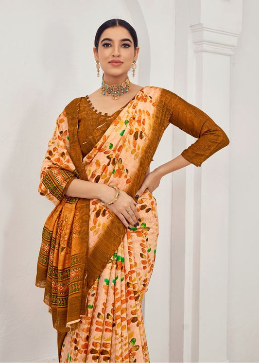 Peach Wevon Jari Designer & Digital Printed Natural Viscose Saree