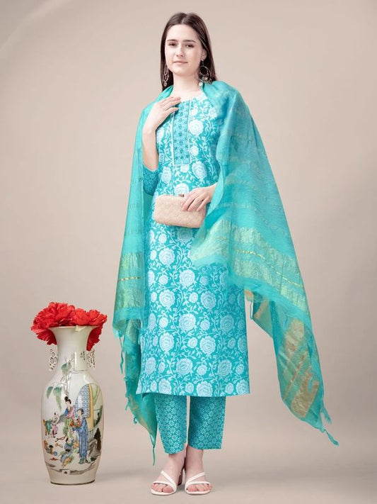 Sky Blue Color Rayon Fabric Designer Printed Readymade Suits With Smart Embroidery Work