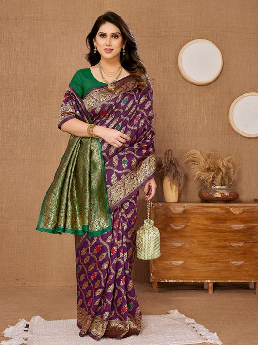 Wine Weaving Jari Designer Banarasi Silk Saree