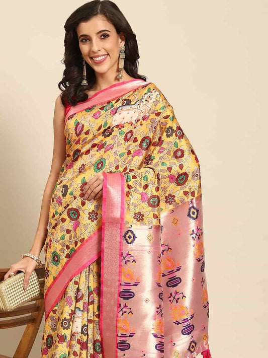 Yellow Women's Kalamkari Print with Regal Weave Silk Saree