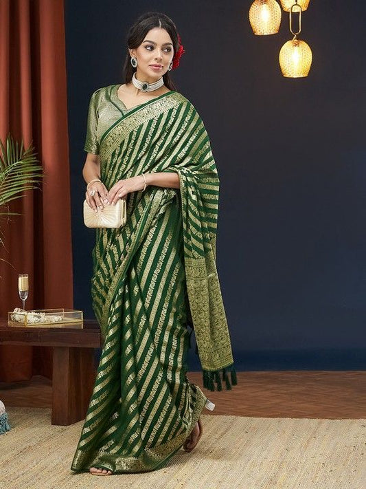 Green Georgette Leheriya Saree With Tassels on Pallu and Stitched Green Blouse