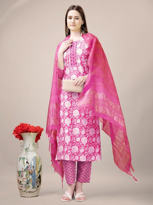 Pink Color Rayon Fabric Designer Printed Readymade Suits With Smart Embroidery Work