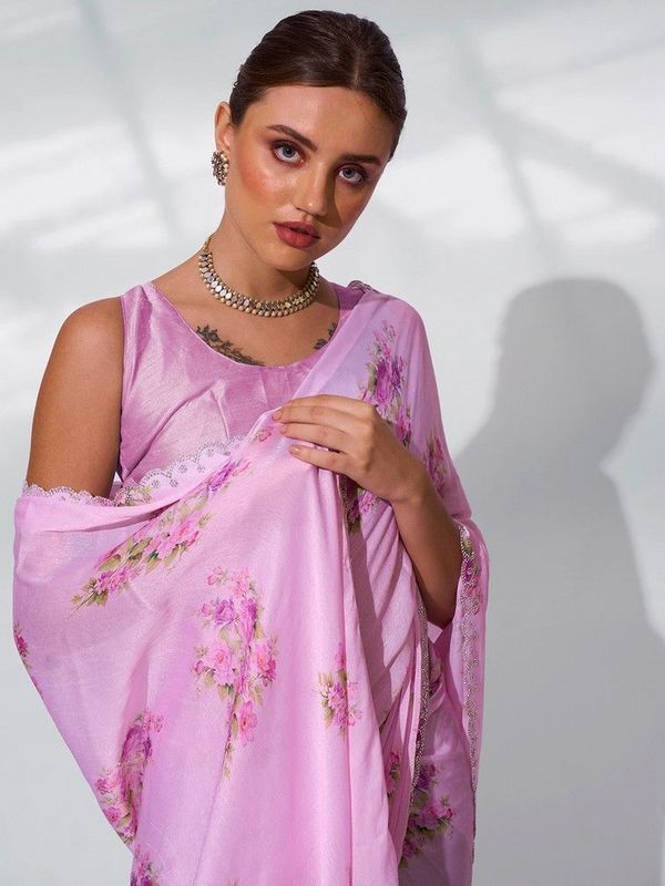 Pink Color Satin Shimmer Fabric  Designer Printed Graceful Bollywood Style Party Saree