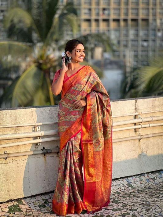 Pink Wevon Laheriya Meenakari Designer Dharmavaram Silk Saree