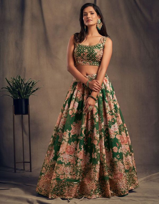 Green Women's Organza Embroidery Lehenga Choli