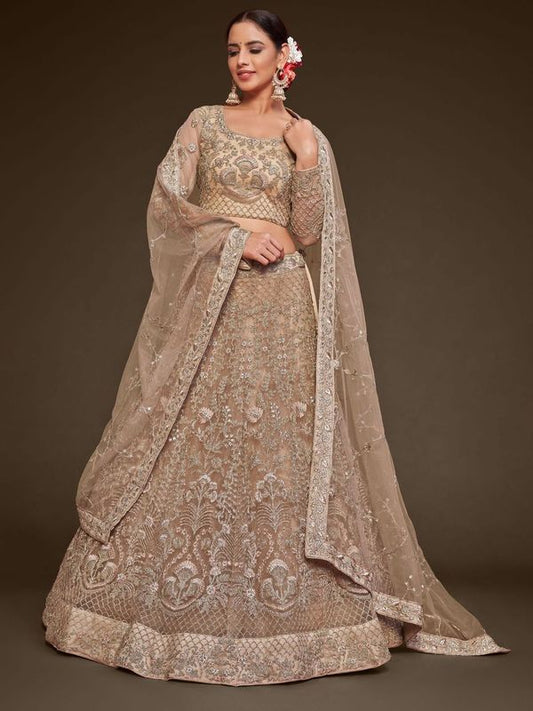 Royal Beige Women's Soft Net Embroidery Lehenga Choli