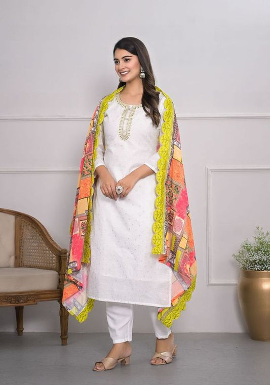 White Color Viscoce Silk Fabric Designer Embroidery Work Salwar Kameez For Ceremonial Looks