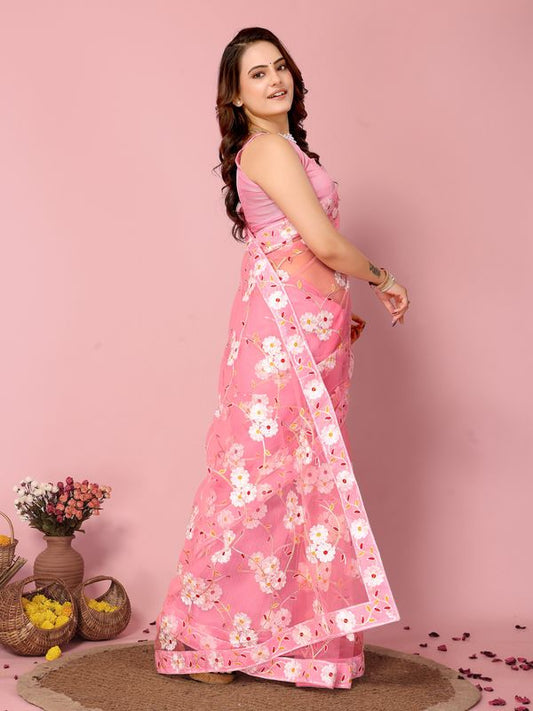 Pink Designer Thread Embroidery Work Net Saree