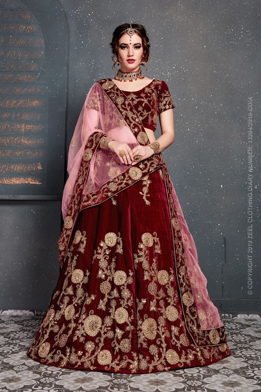 Maroon Women's Velvet Embroidery Lehenga Choli