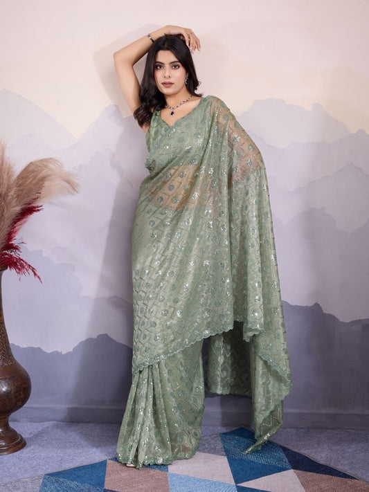 Green Twill Net Designer Sequins Embroidery Work Glamorous Partywear Saree