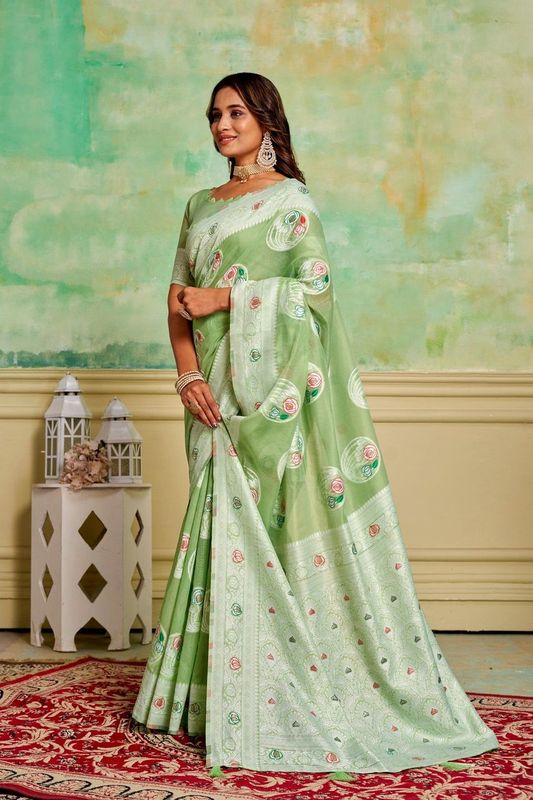 Green Cotton Woven Saree With Tassels on Pallu and Stitched Green Blouse