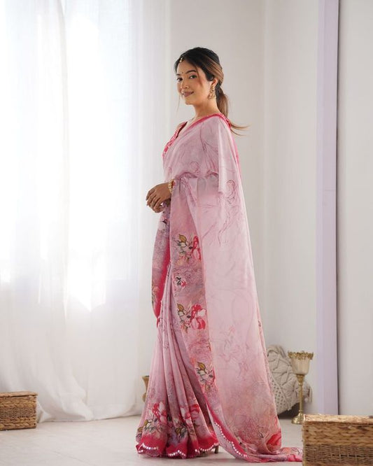 Pink Designer Digital Printed & Mirror Cut Work Chinon Saree