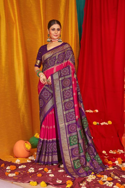 Pink Purple Tussar Silk Wevon Designer Saree With Glittering Swarovski Work