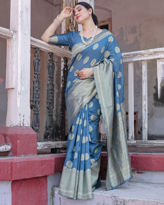 Blue Wevon Jari Designer Chanderi Silk Saree