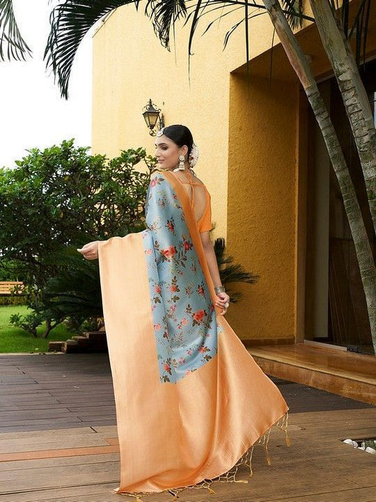 Light Turquoise Crepe Digital Print Saree With Tassels on Pallu and Stitched Peach Blouse