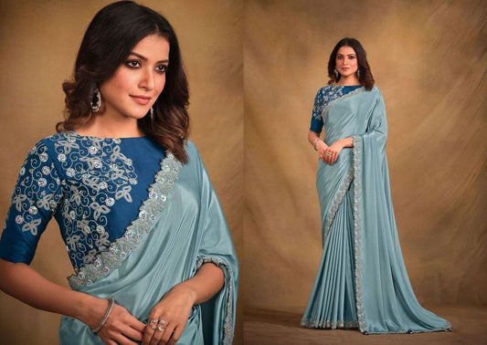 Sky Blue Designer Embroidery & Stone Work Crepe Georgette Silk Saree