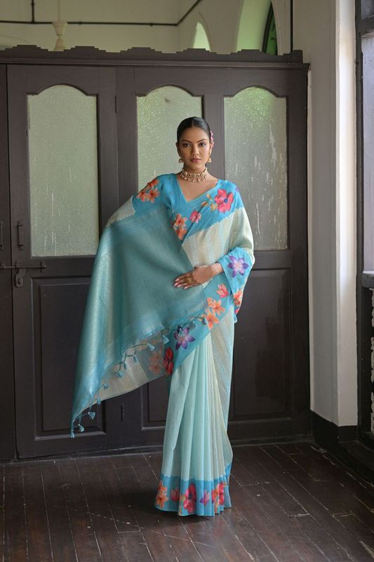 Beautiful Firozi Color Soft Silk Classy Rich Woven Printed Saree