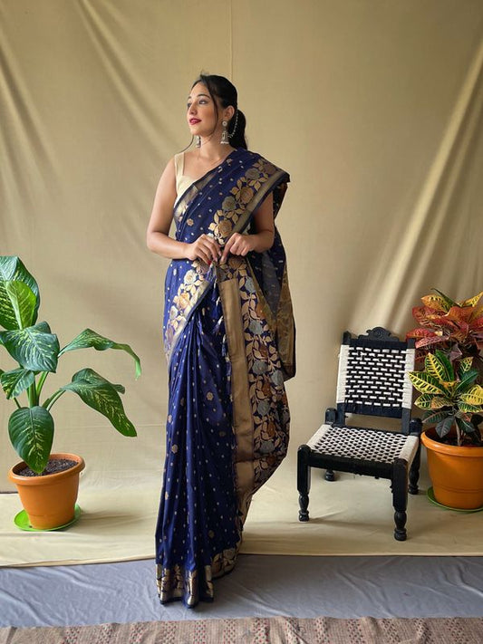 Blue Weaving Jacquard Jari Designer Soft Silk Saree