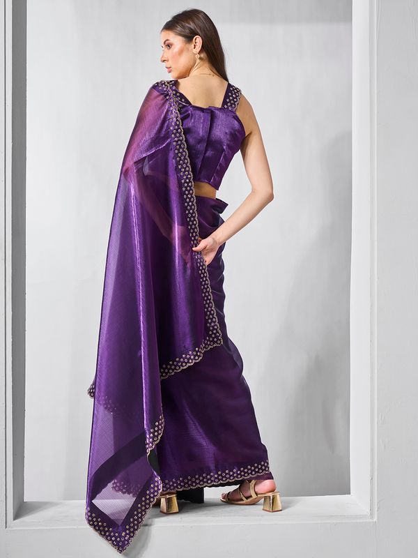 Purple Color Burburry Fabric Bollywood Style Swarovski  Designer Work Evening Party Saree