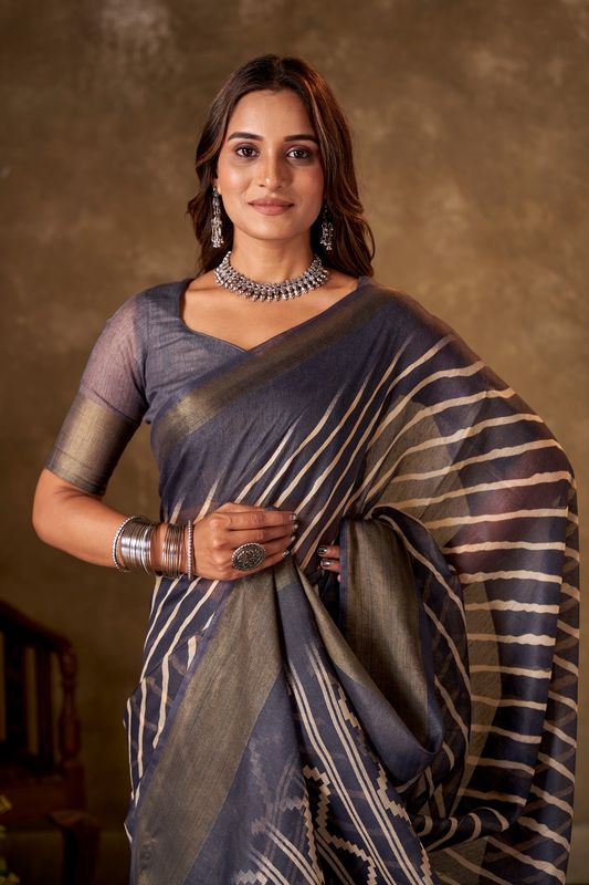 Grey Cotton Leheriya Saree and Stitched Grey Blouse