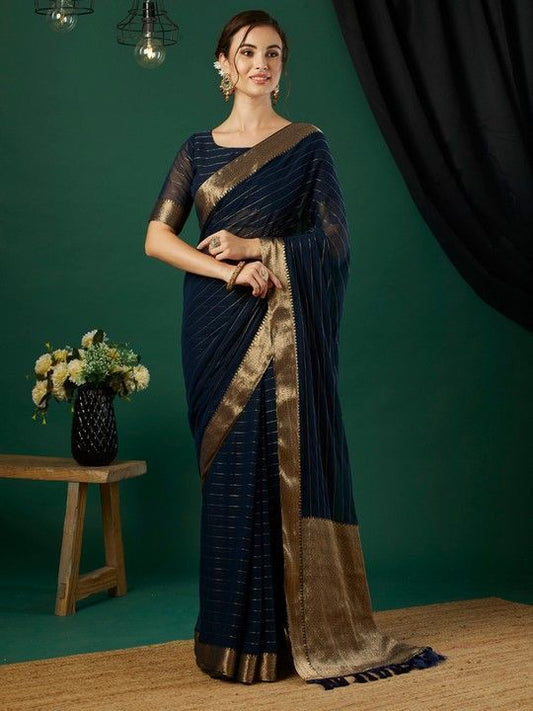 Blue Chinnon Striped Saree With Tassels on Pallu and Stitched Blue Blouse