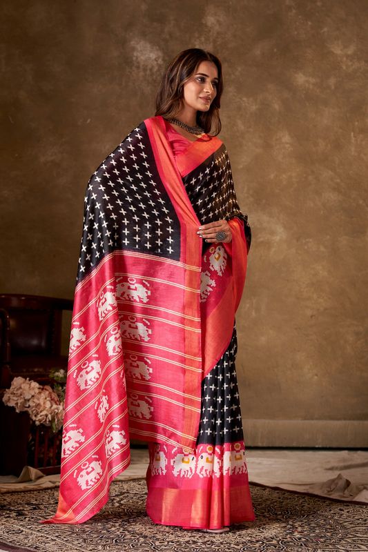 Black Cotton Printed Saree and Stitched Pink Blouse