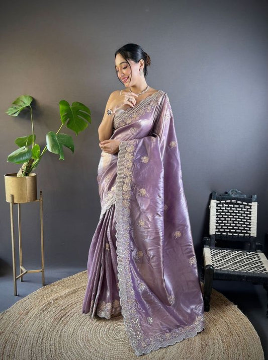 Purple Color Gold Crunchy Saree With Sequins Embroidery And Cut Work