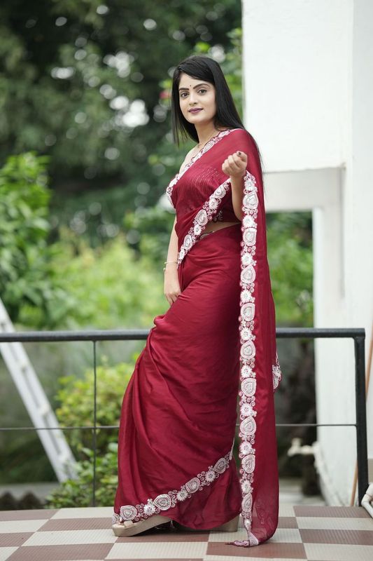 Maroon Color Satin Chiffon Fabric Glamorous Sequance Embroidery Work Saree