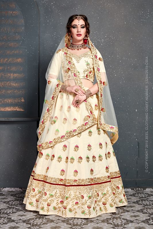 Cream Women's Slub Silk Embroidery Lehenga Choli