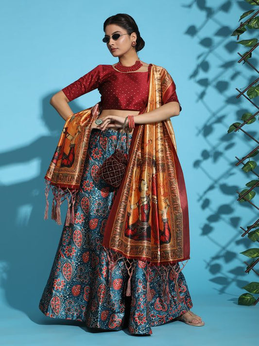 Digital Print Satin Silk Fabric Stitched Lehenga Choli With Jequared Blouse and Assami Silk Thread Work Dupatta For Women and Girls In Festive Party And Traditional Wear