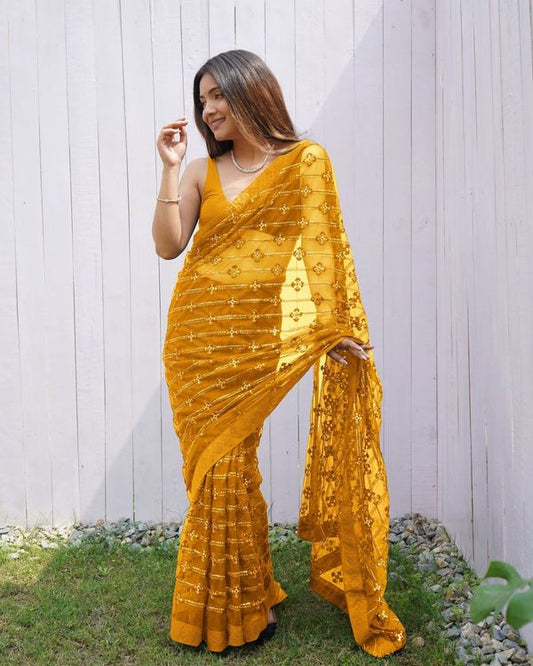 Yellow Thread & Sequance Embroidery & Diamond Work Butterfly Net Saree