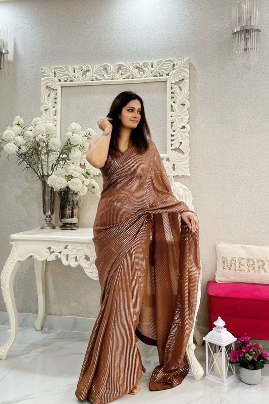 Coffee Georgette Heavy Sequance Embroidery Work Bollywood Party Style Celebrity Style Girlie Fancy Saree