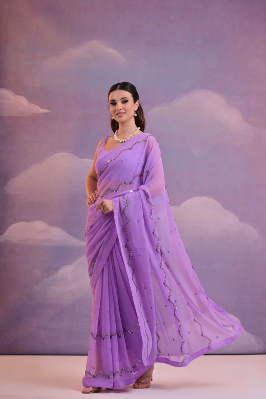 Purple Designer Sequance Embroidery Work Georgette Saree