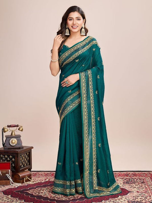 Rama Designer Embroidery Work Vichitra Silk Saree