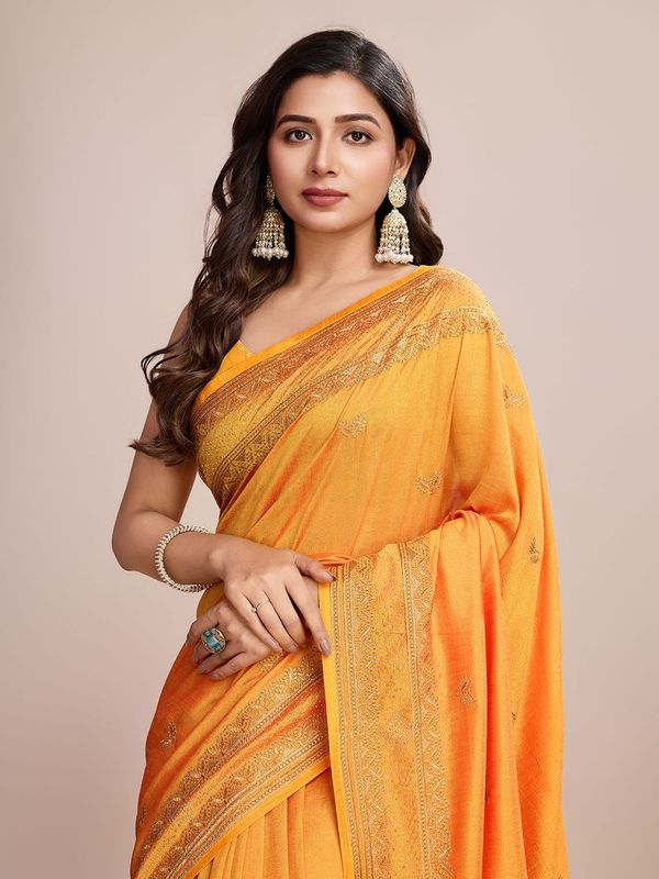 Mustard Designer Embroidery Work Vichitra Silk Saree