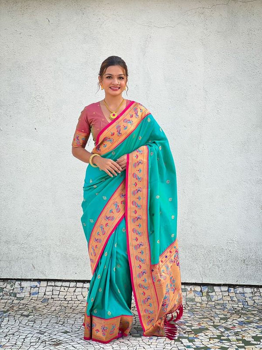 Sea Green Weaving Meenakari Designer Soft Silk Saree