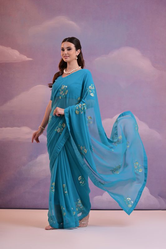 Blue Designer Sequance Embroidery Work Georgette Saree