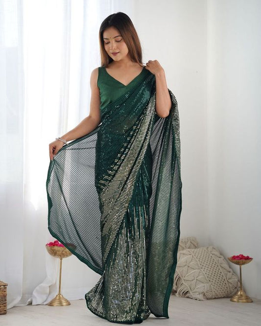 Green Designer Sequance Embroidery Work Georgette Saree