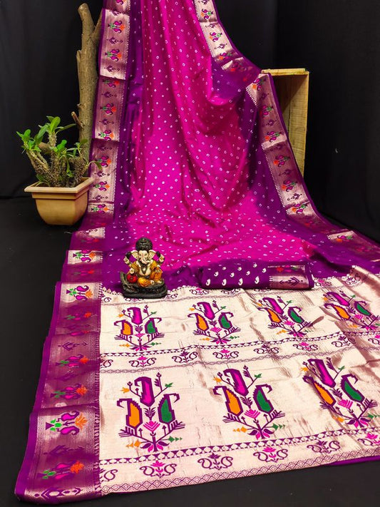 Pink Color Dola Silk Fabric Wevon Paithani Designer Saree With Traditional Bandhej Print