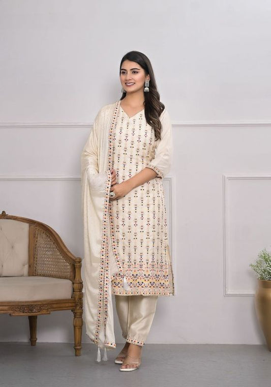 Off White Color Jacquard Silk Fabric Designer Embroidery Work Salwar Kameez For Ceremonial Looks