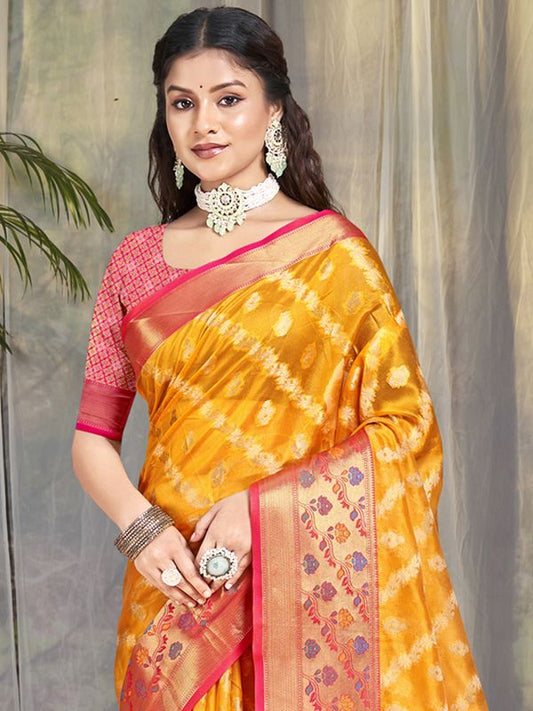 Yellow Color Graceful Silk Fabric Saree With Wevon Jacquard Designer