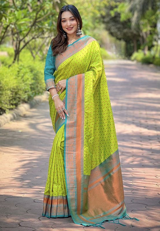 Green Color Wevon Copper Butti Designer Soft Silk Ethnic Saree