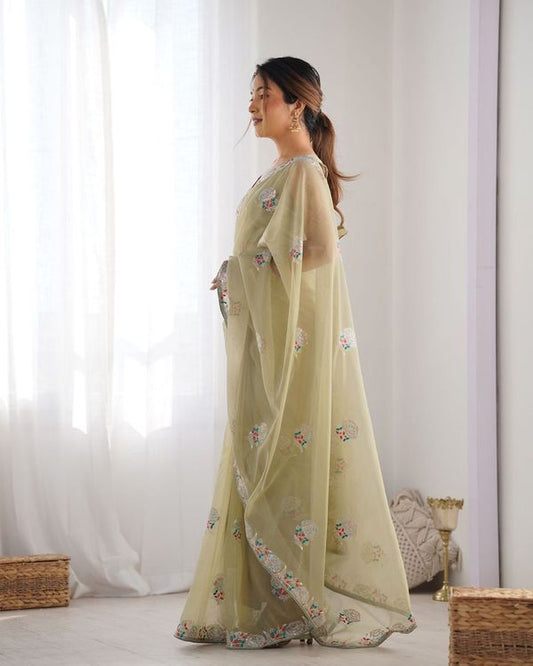 Pista Multy Thread & Sequance Embroidery Work Gold Twill Net Saree